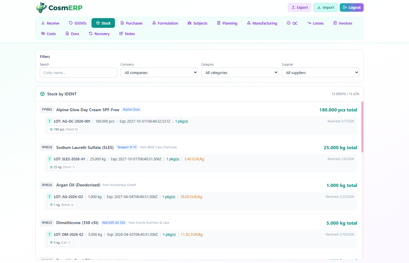 CosmERP Stock Management showing LOT numbers, expiry dates, FEFO tracking, and full batch traceability for raw materials