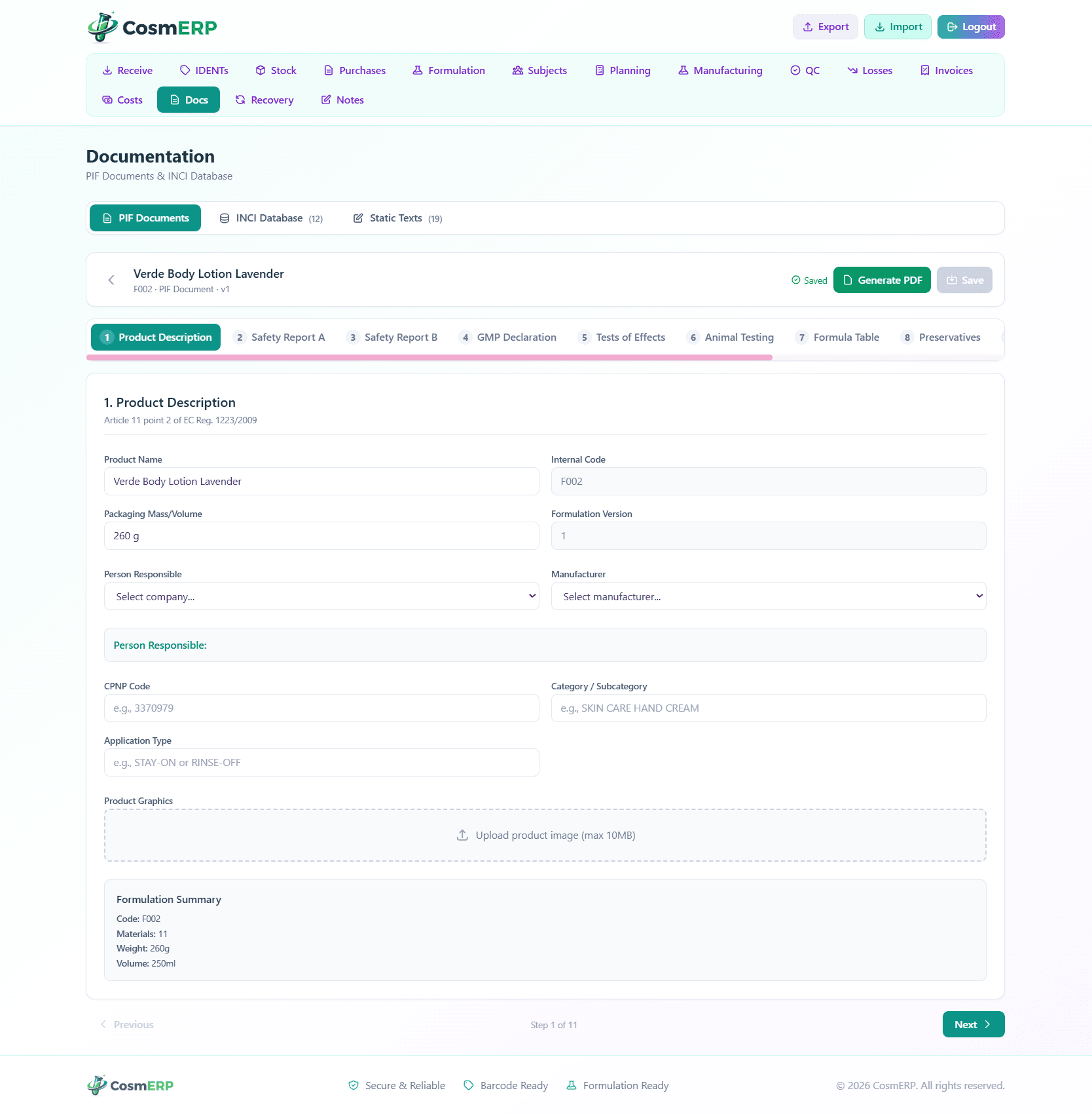 CosmERP PIF Wizard — Step 1: Product Description showing fields for product name, CPNP code, formulation version, and packaging details