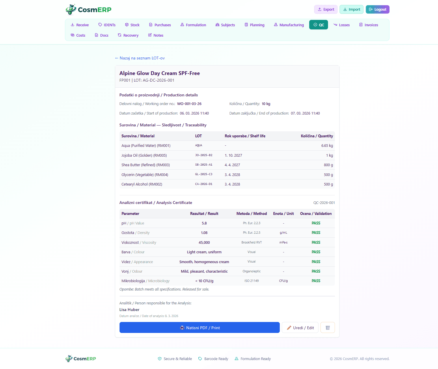 CosmERP Quality Control Certificate showing pH, density, viscosity, microbiology testing parameters with PASS/FAIL validation and batch traceability